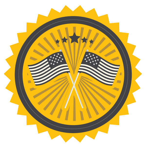 Circular gold emblem with a sunburst border and crossed black‑and‑white American flags over radiating rays and stars Circular gold emblem with a sunburst border and crossed black‑and‑white American flags over radiating rays and stars